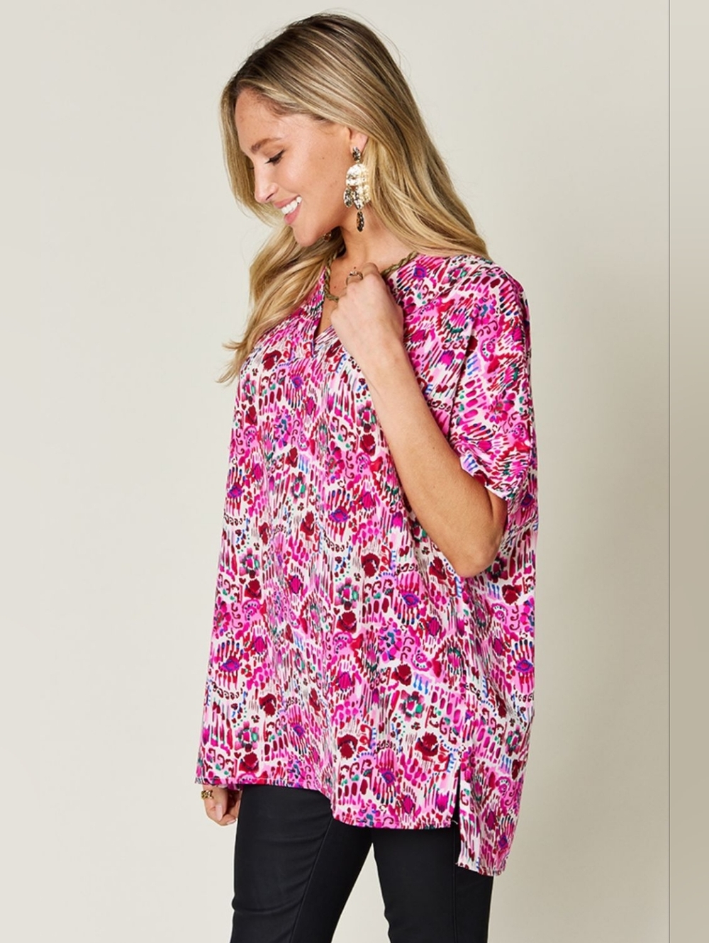 Women's Pink Print V-Neck Tunic Top- Double Take A Just Jen Fav!! Spring Top - Picture 7 of 10